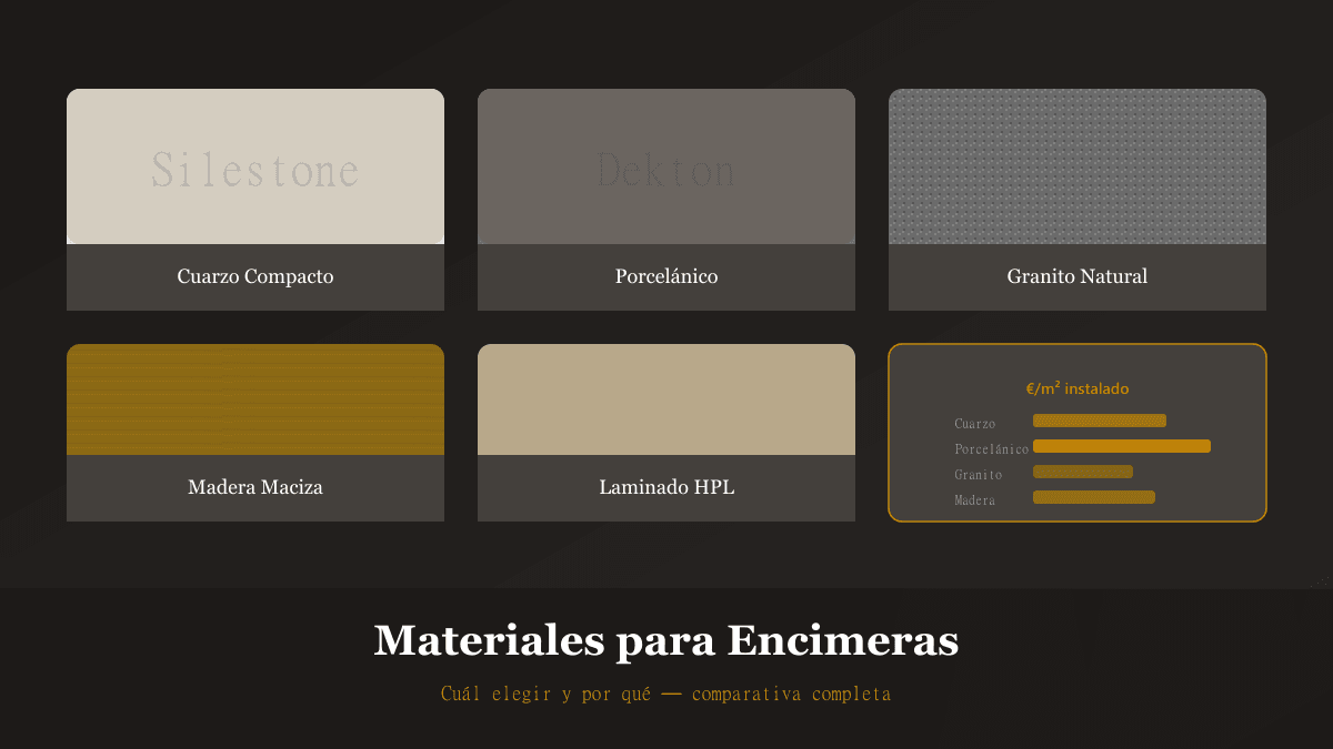Muestras de diferentes materiales de encimera de cocina